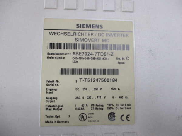 SIEMENS 6SE7024-7TD51-Z 650V 55.9A NSNP