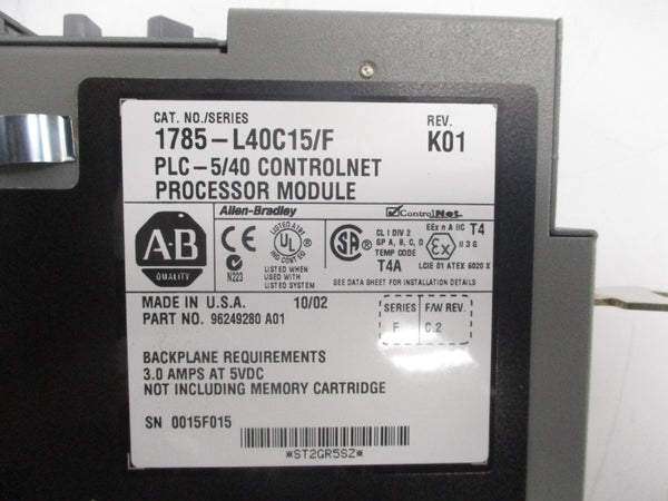 ALLEN BRADLEY 1785-L40C15 SER. F F/W C.2 REV. K01 5VDC 3.0A NSMP