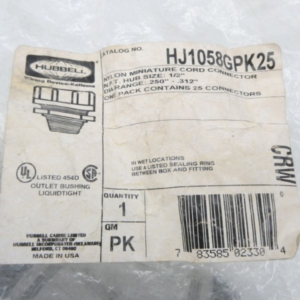 HUBBELL HJ1058GPK25 1/2" (PKG OF 18) NSMP