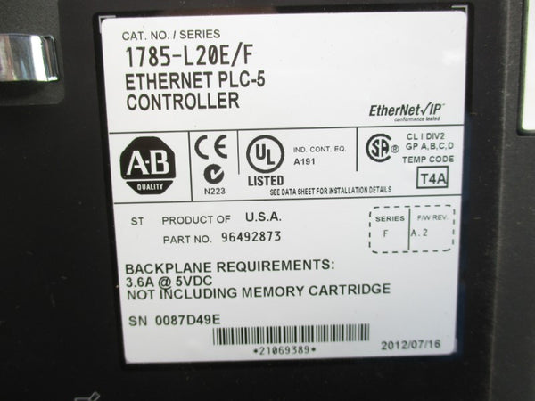 ALLEN BRADLEY 1785-L20E SER. F F/W A.2 5VDC 3.6A (NO KEY) NSMP
