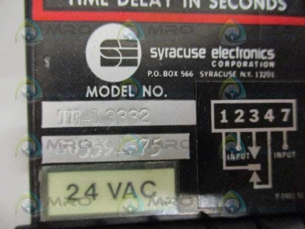 SYRACUSE ELECTRONICS TE-13332 TIME DELAY RELAY 3.6-360 SEC. 24VAC NSNP
