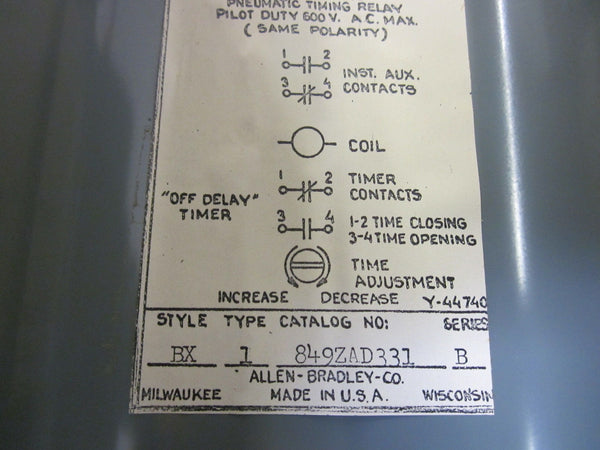 ALLEN BRADLEY 849-ZAD331 SER. B PENUMATIC TIMING RELAY NSNP