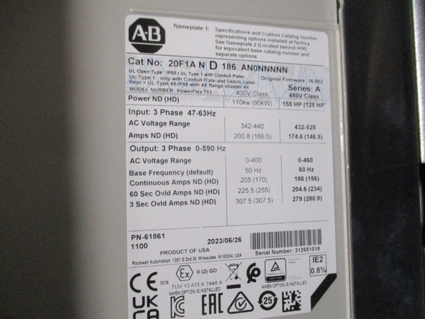 ALLEN BRADLEY 20F1A N D 186 AN0NNNNN SER. A F/W 16.002 432-528VAC 174.6A NSMP