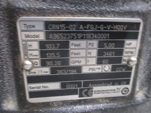 GRUNDFOSS A96523751P118340001 CRN15-02 A-FGJ-G-V-HQQV 208-230/460V 12.2-11.2/5.6A 363/194PSI NSNP
