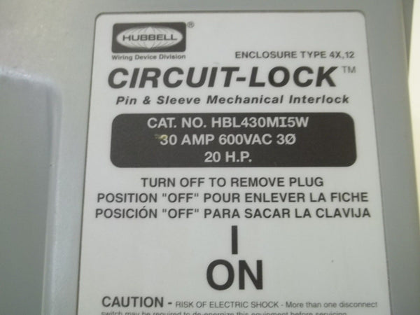 HUBBELL HBL430MI5W CIRCUIT-LOCK PIN & SLEEVE MECHANICAL INTERLOCK 30AMPUNMP
