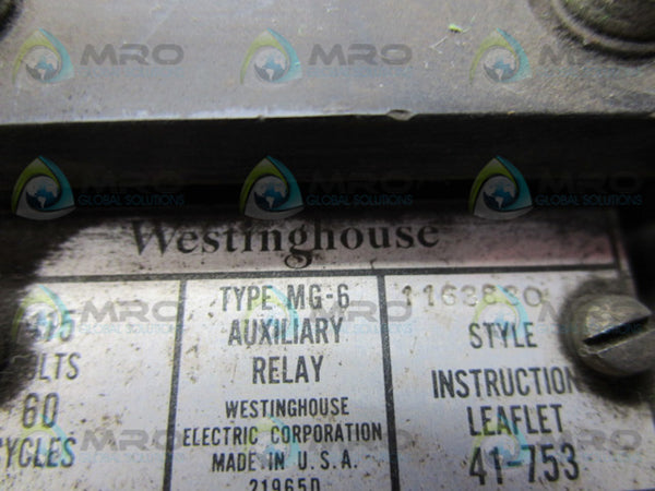 WESTINGHOUSE TYPE MG-6 1163830 AUXILIARY RELAY  UNMP