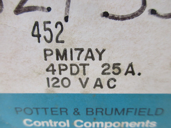 POTTER & BRUMFIELD PM17AY 4PDT RELAY 120VAC 25A NSMP