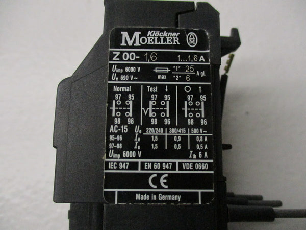 KLOCKNER MOELLER Z 00-1,6 OVERLOAD RELAY, 1.6A, 500V NSNP