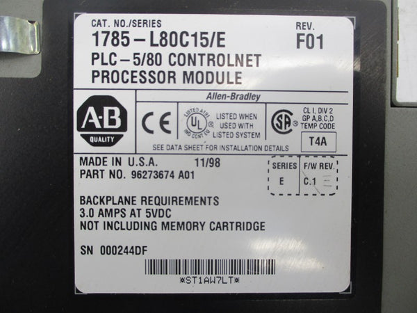 ALLEN BRADLEY 1785-L80C15 SER. E REV. F01 5VDC 3A UNMP