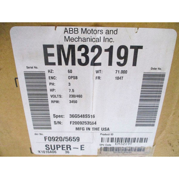 BALDOR RELIANCE EM3219T 36G548S516 230/460V 17.2/8.6A NSMP