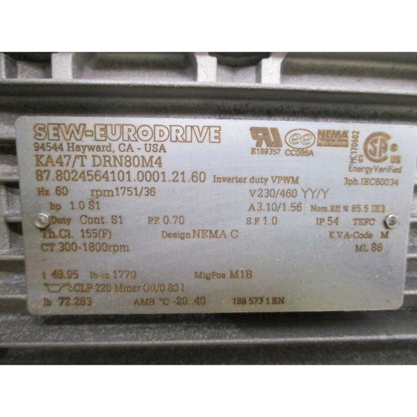 SEW-EURODRIVE KA47/TDRN80M4 230/460V 3.10/1.56A NSMP