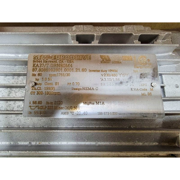 SEW-EURODRIVE KA37/TDRN80M4 230/460V 3.10/1.56A NSMP