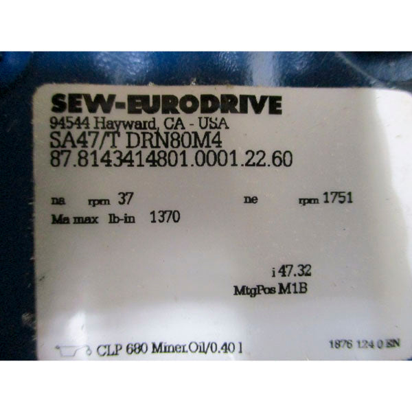 SEW-EURODRIVE SA47/TDRN80M4 230/460V 3.10/1.56A NSMP