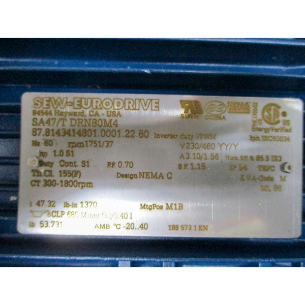 SEW-EURODRIVE SA47/TDRN80M4 230/460V 3.10/1.56A NSMP
