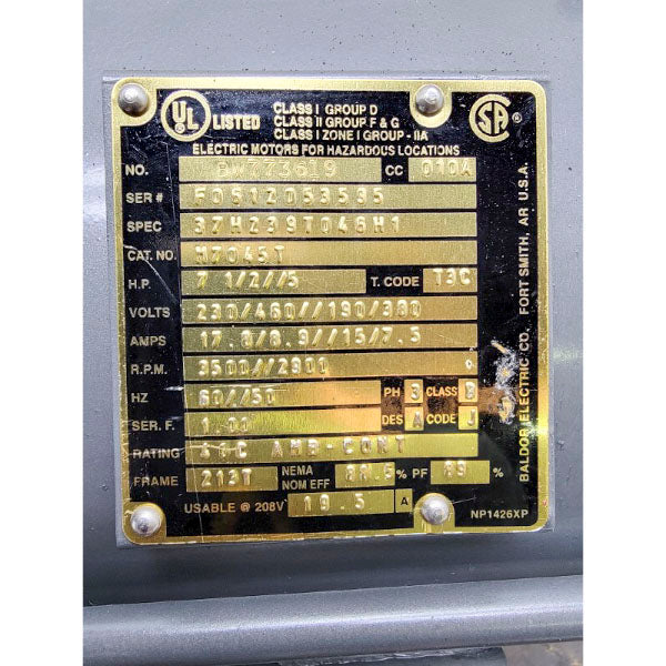 BALDOR ELECTRIC M7045T 37H239T046H1 230/460//190/380V 17.8/8.9//15/7.5A NSNP