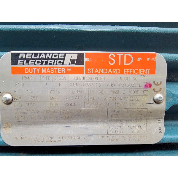 RELIANCE ELECTRIC 7.5 HP 213T 1755 RPM 01BG93165301G P21G0311L 230/460V 21.0/10.5A NSNP