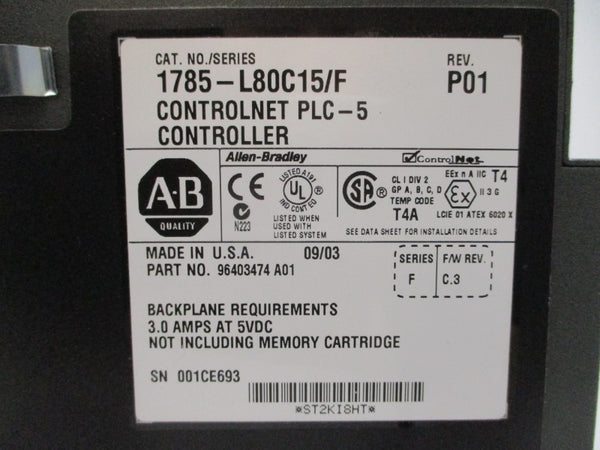 ALLEN BRADLEY 1785-L80C15 SER. F F/W C.3 5VDC 3.0A REV. P01 UNMP