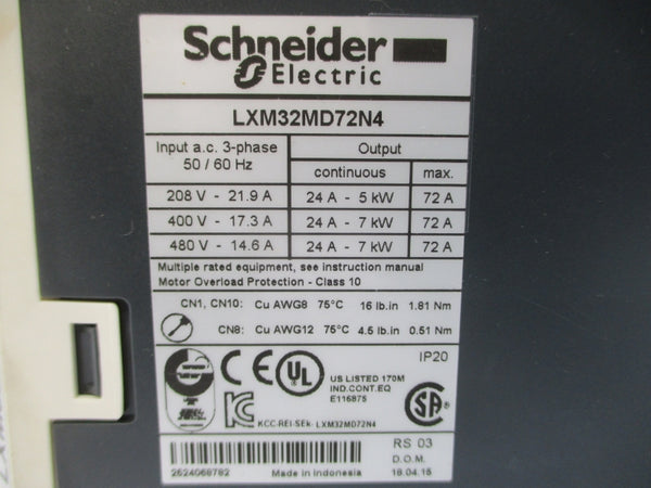 SCHNEIDER ELECTRIC LXM32MD72N4 480VAC 72A UNMP