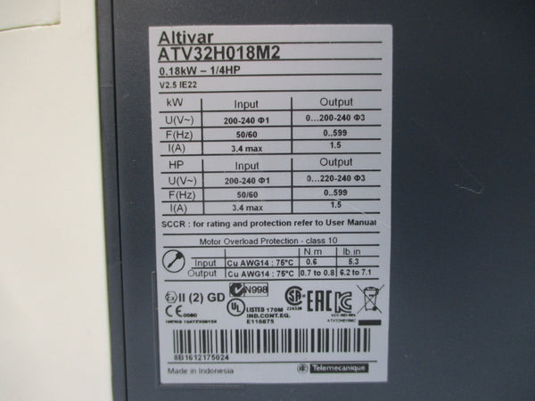 SCHNEIDER ELECTRIC ATV32H018M2 200-240V 3.4A UNMP