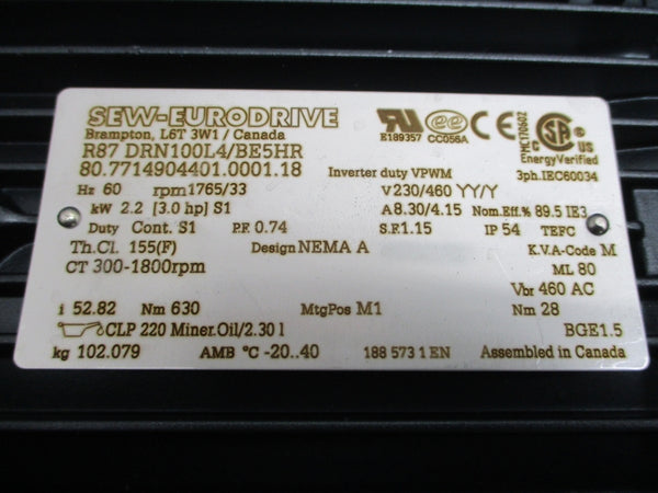SEW-EURODRIVE R87DRN100L4/BE5HR R87/A 230/460V 8.30/4.15A NSNP