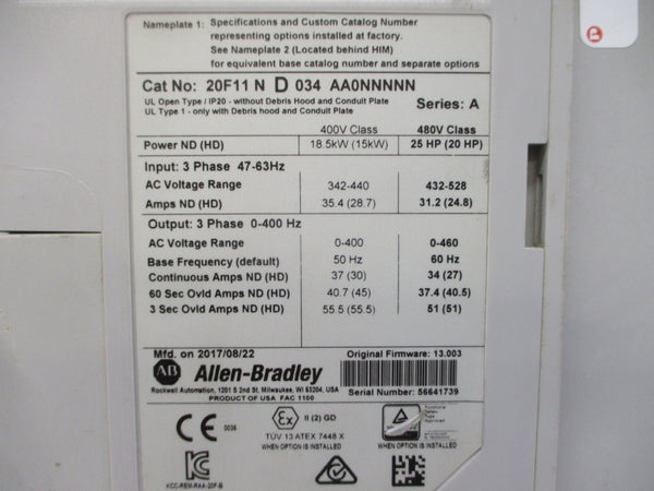 ALLEN BRADLEY 20F11ND034AA0NNNNN SER. A F/W 13.003 (AS PICTURED) UNMP