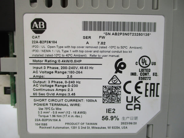 ALLEN BRADLEY 22A-B2P3N104 SER. A F/W 7.02 200-240VAC 2.5A (NO COVER) NSMP