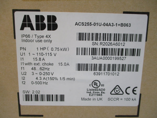 ABB ACS255-01U-04A3-1+B063 3AUA0000199527 110-115V 15.8A NSMP