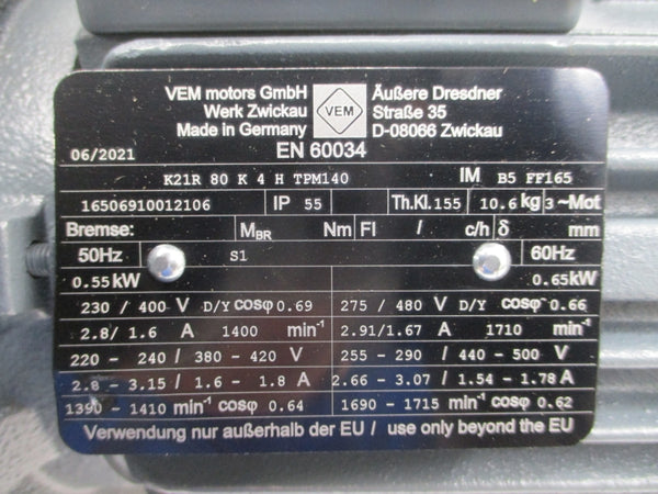 VEM K21R 80 K 4 H TPM140 TH.KI.155 255-290/440-500V 2.66-3.07/1.54-1.78A NSMP