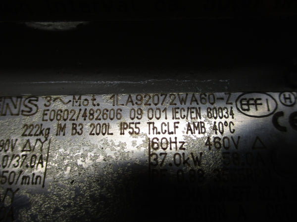 SIEMENS 1LA92072WA60-Z 50HZ 37.0KW 460V 58.0A NSNP