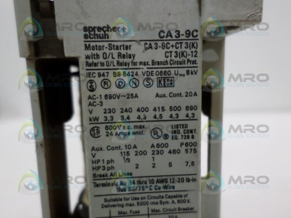 SPRECHER+SCHUH CA3-9C CONTACTOR w/ RELAY UNMP