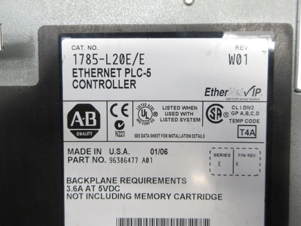 ALLEN BRADLEY 1785-L20E SER. E F/W K 5VDC 3.6A REV. W01 (NO KEY) UNMP