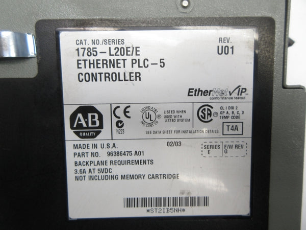ALLEN BRADLEY 1785-L20E SER. E F/W G 5VDC 3.6A REV. U01 (NO KEY) UNMP