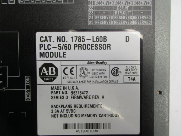 ALLEN BRADLEY 1785-L60B SER. D F/W A 5VDC 3.3A UNMP