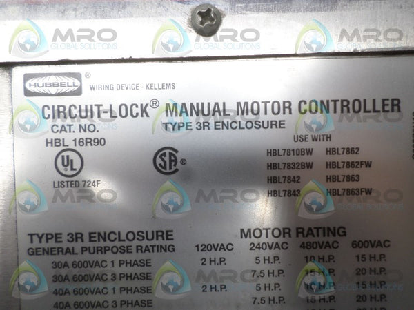HUBBELL HBL16R90 MANUAL MOTOR CONTROLLER UNMP
