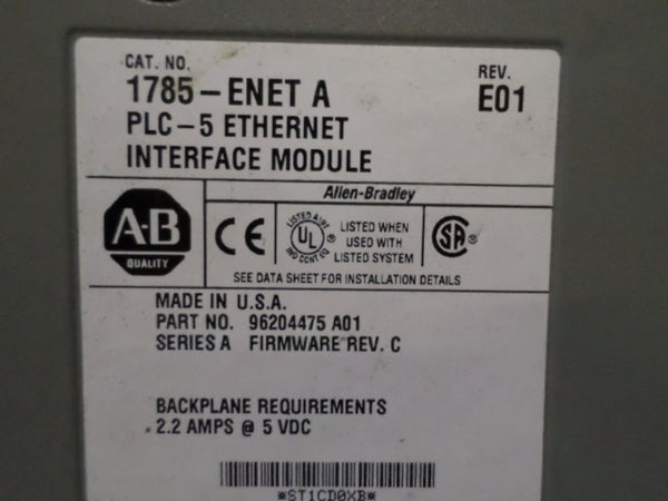 ALLEN BRADLEY 1785-ENET SER. A F/W C ETHERNET INTERFACE MODULE UNMP