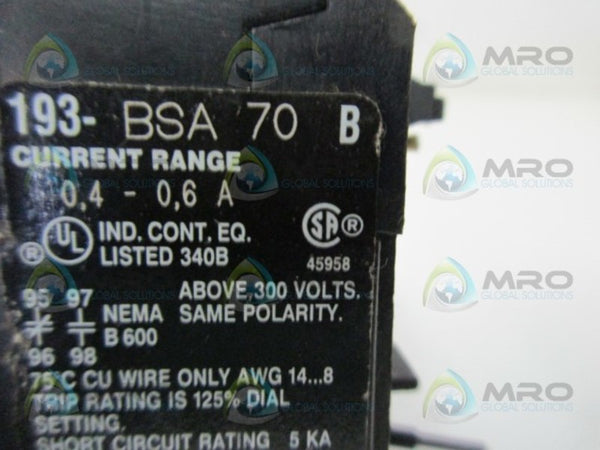 ALLEN BRADLEY 193-BSA70 SER. B OVERLOAD RELAY UNMP