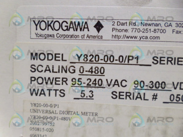 YOKOGAWA Y820-00-0P1 DIGITAL METER 0-480 NSMP