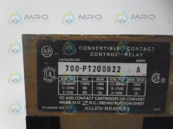 ALLEN BRADLEY 700-PT200B22 SER. A CONTROL RELAY UNMP