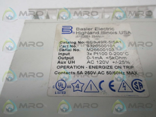 BASLER ELECTRIC BE3-49R-5I5A1 9320500101 TEMPERATURE RELAY UNMP