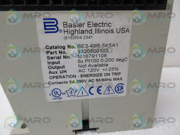BASLER ELECTRIC BE3-49R-5K5A1 9320500103 TEMPERATURE RELAY UNMP
