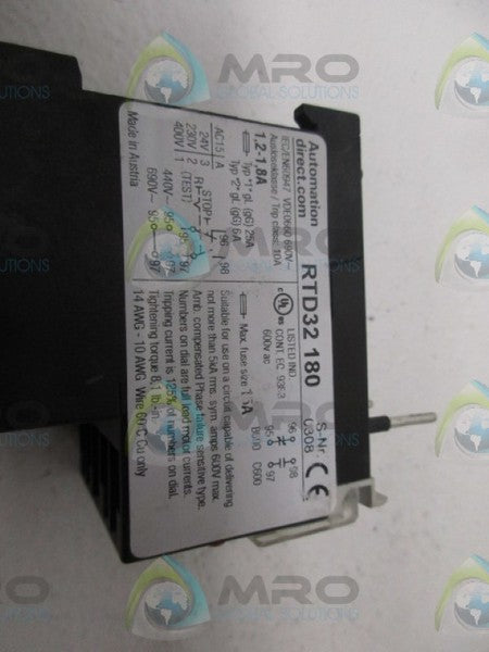 AUTOMATION DIRECT RTD32180 THERMAL OVERLOAD RELAY 1.2-1.8A  UNMP