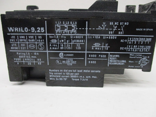 WARD LEONARD WRIL0-9.25 OVERLOAD RELAY 7.5-11AMP UNMP