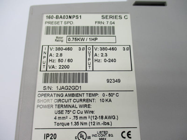 ALLEN BRADLEY 160-BA03NPS1 SER. C F/W 7.04 380-460V 2.8A UNMP