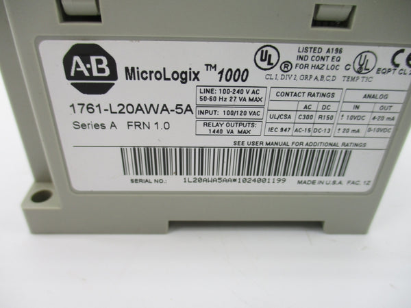 ALLEN BRADLEY 1761-L20AWA-5A SER. A F/W 1.0 100-120VAC (AS PICTURED) NSNP