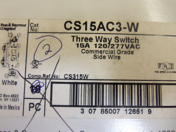 LOT OF 2 PASS & SEYMOUR CS15AC3-W THREE WAY SWITCH NSMP