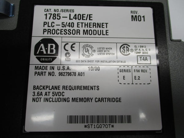 ALLEN BRADLEY 1785-L40E SER. E F/W E.2 REV. M01 5VDC 3.6A (NO KEY) UNMP