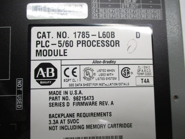 ALLEN BRADLEY 1785-L60B SER. D F/W. A 5VDC 3.3A (NO KEY) UNMP