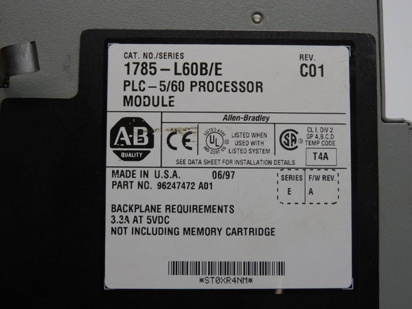 ALLEN BRADLEY 1785-L60B SER. E F/W A REV. C01 5VDC 3.3A (NO KEY) UNMP