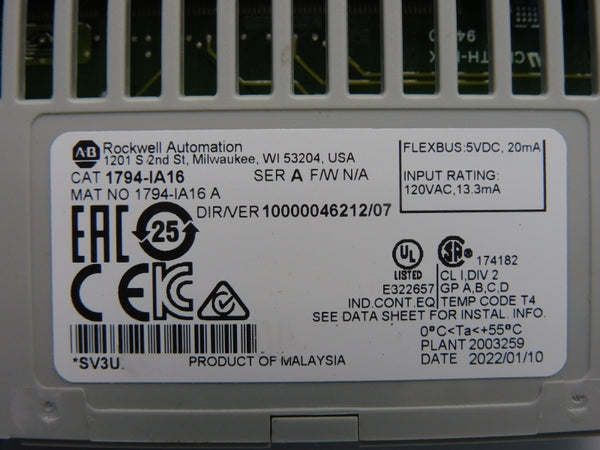 ALLEN BRADLEY 1794-IA16 SER. A VER. 07 120VAC NSNP