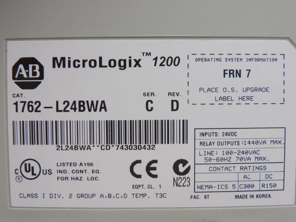 ALLEN BRADLEY 1762-L24BWA SER. C F/W 7 REV. D 100-240VAC ( NO COVER) UNMP